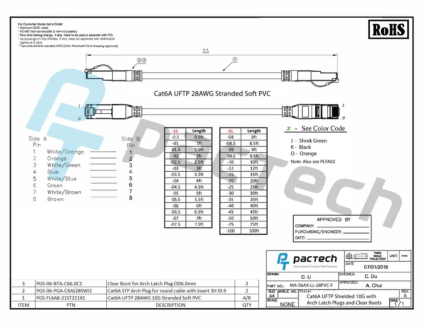Arch Latch RJ45 connectors CAT6A 28AWG Soft PVC Cable - Round U/FTP With Boot
