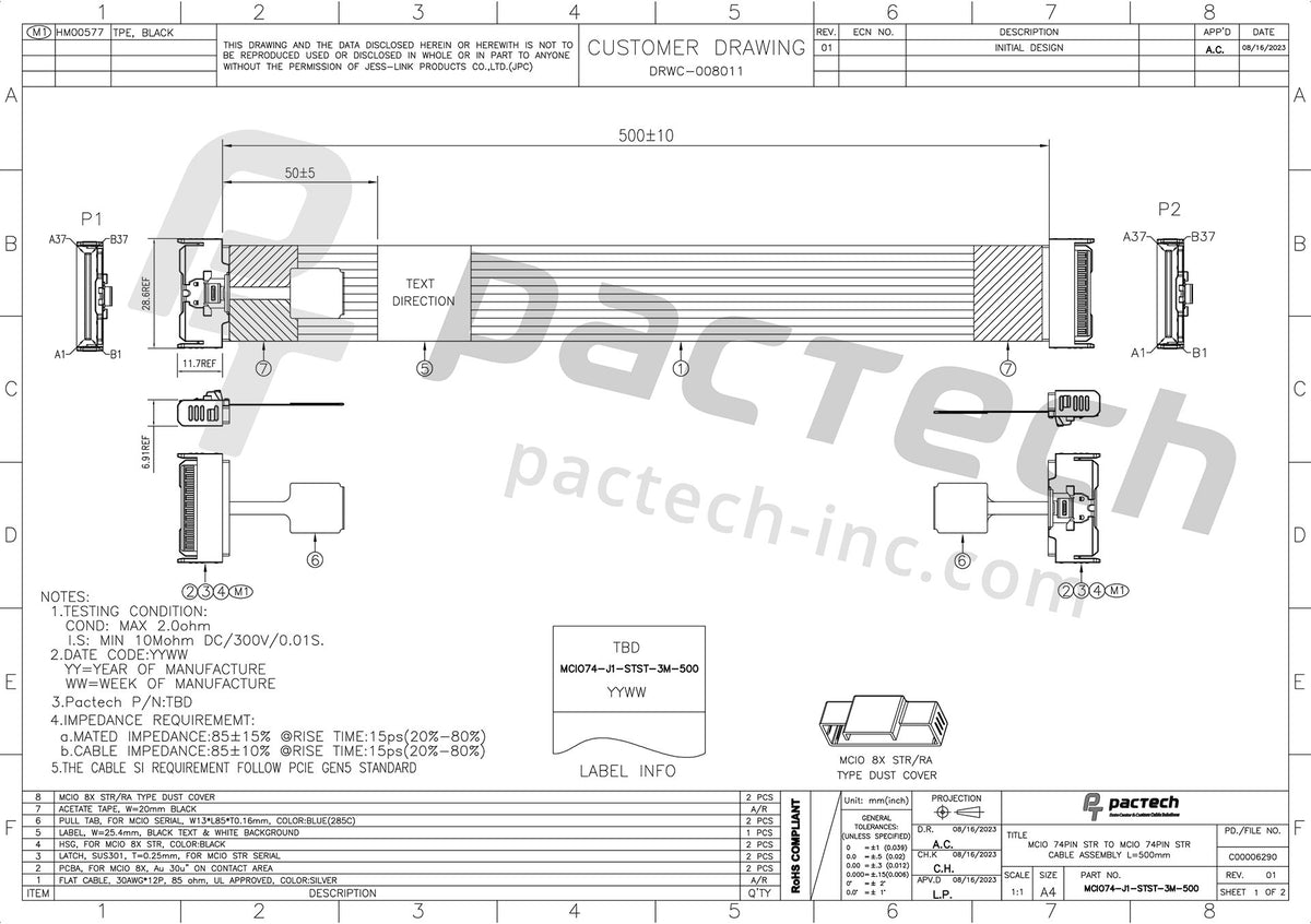 MCIO 8i 74Pin Straight to Straight With Flexible 3M Ribbon Twinax Cables