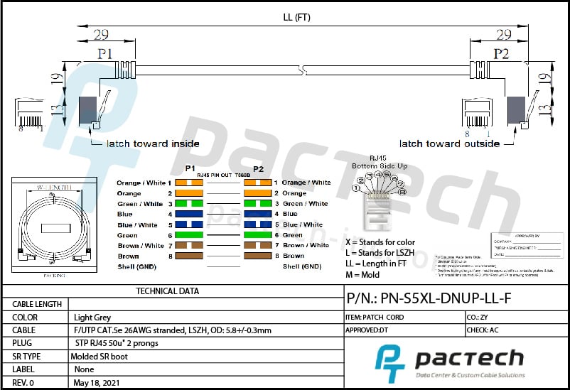 Cat5e FUTP 26AWG LSZH cable up angled and down angled