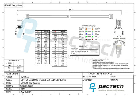 Cat5e FUTP 26AWG LSZH cable right angled to right angled