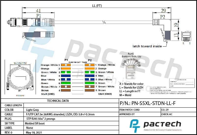 Cat5e FUTP 26AWG LSZH cable straight to down angled