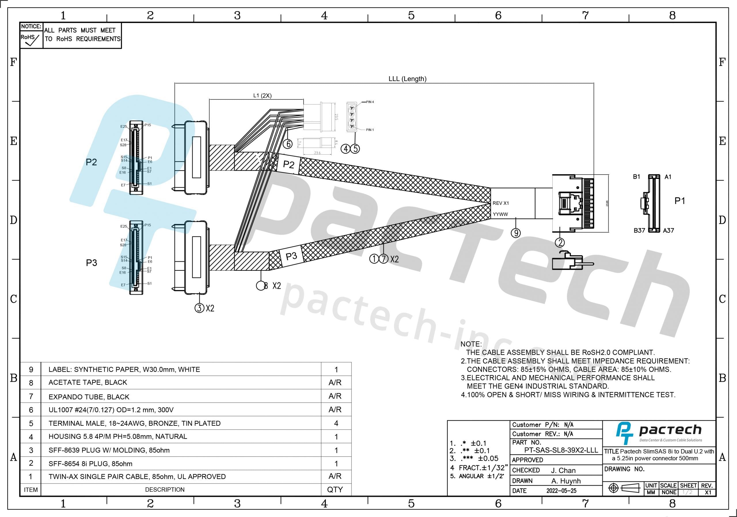 SlimSAS 8i SFF8654 to Dual U.2 SFF 8639 with power conncector
