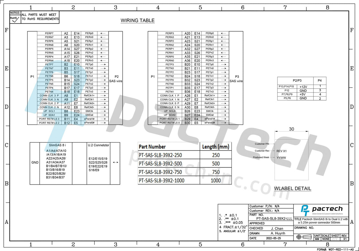 SlimSAS 8i SFF8654 to Dual U.2 SFF 8639 with power conncector