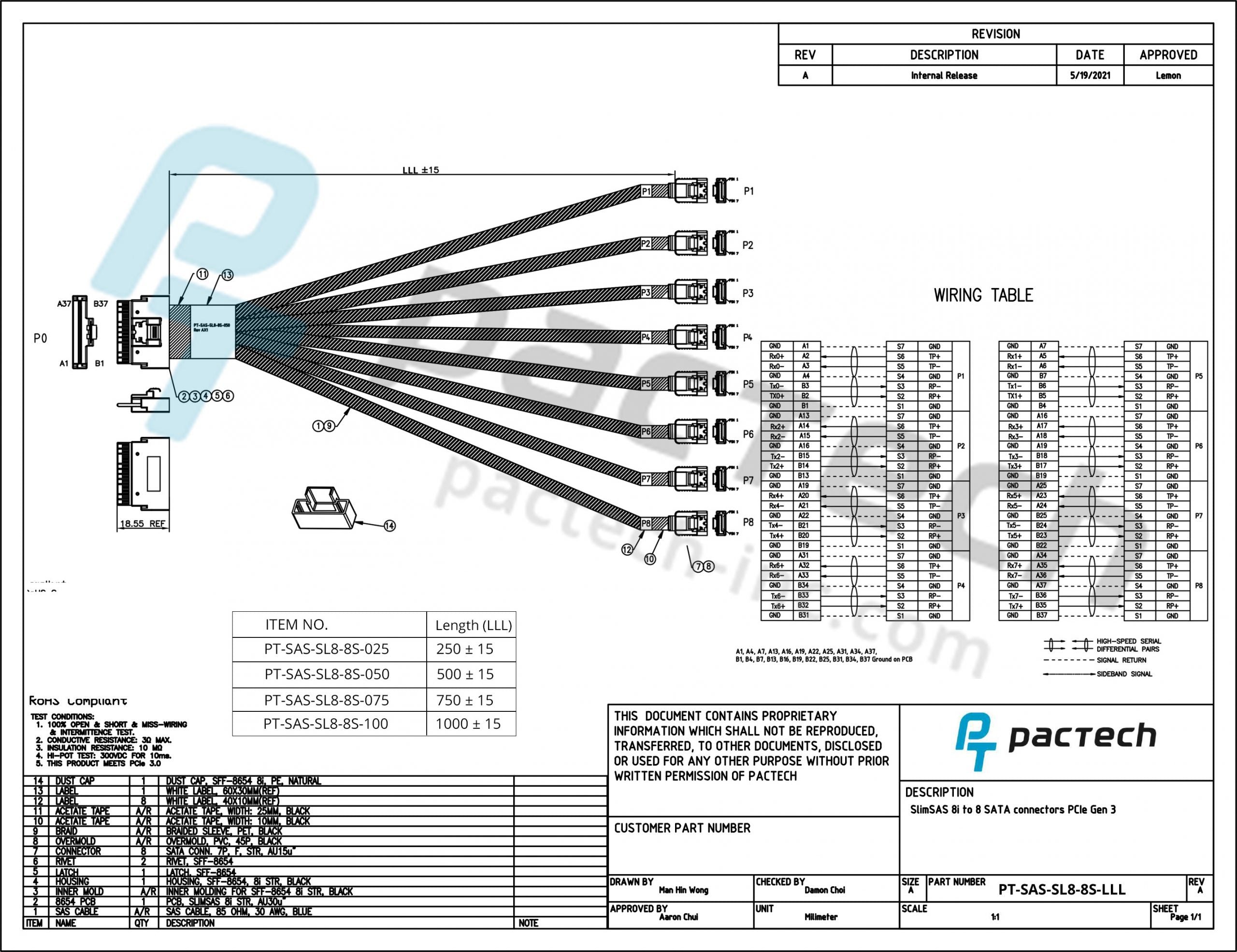 SlimSAS SFF-8654 8i Straight 74Pos to 8x SATA Straight 7Pos, with Active Latch Cable