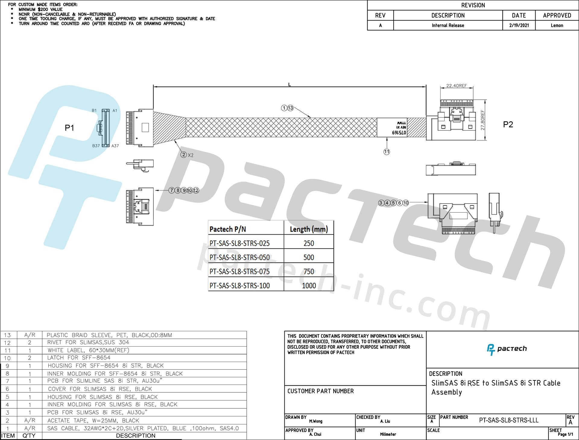 SlimSAS SFF-8654 8i 74Pos to 8i 74Pos, Right Side Exit to Straight, with Active Latch Cable
