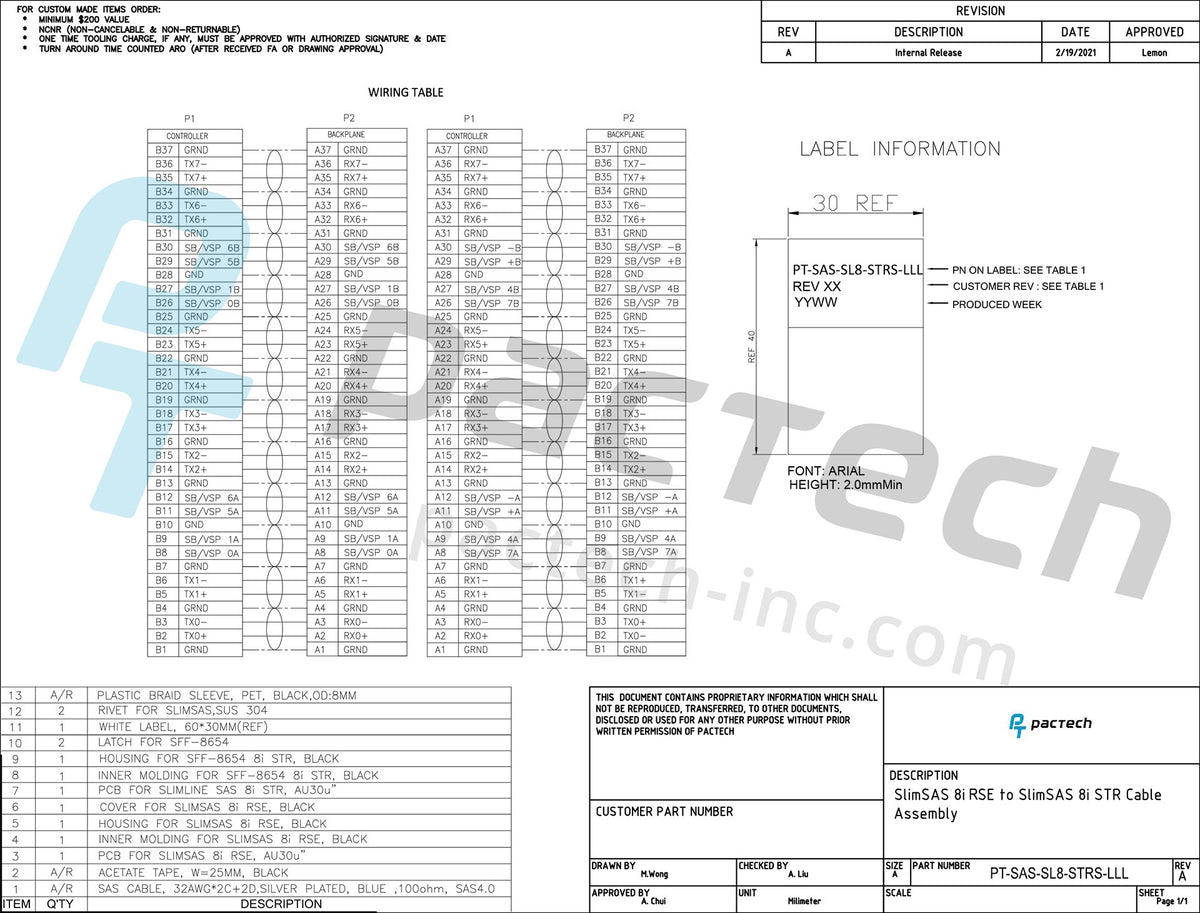 SlimSAS SFF-8654 8i 74Pos to 8i 74Pos, Right Side Exit to Straight, with Active Latch Cable