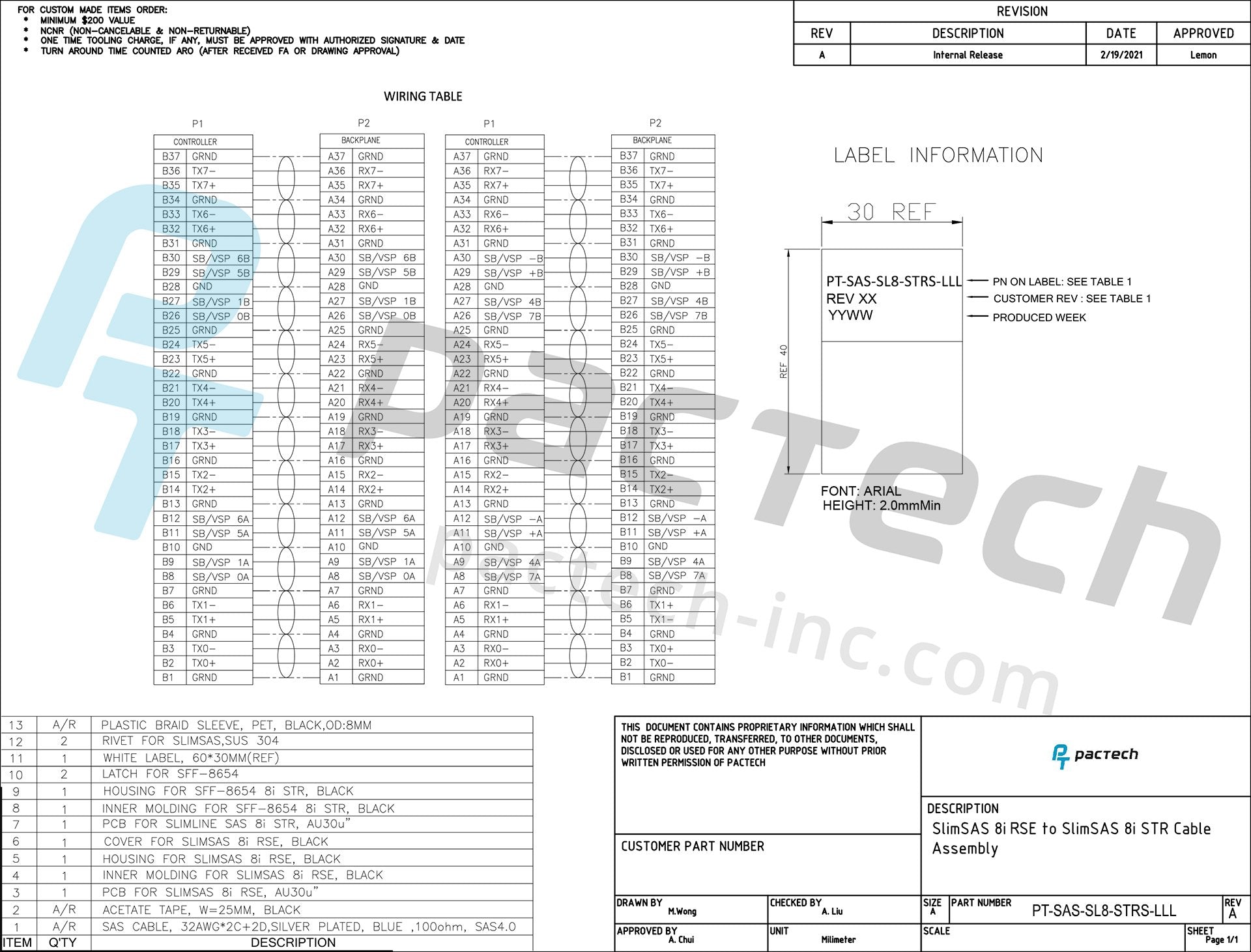SlimSAS SFF-8654 8i 74Pos to 8i 74Pos, Right Side Exit to Straight, with Active Latch Cable