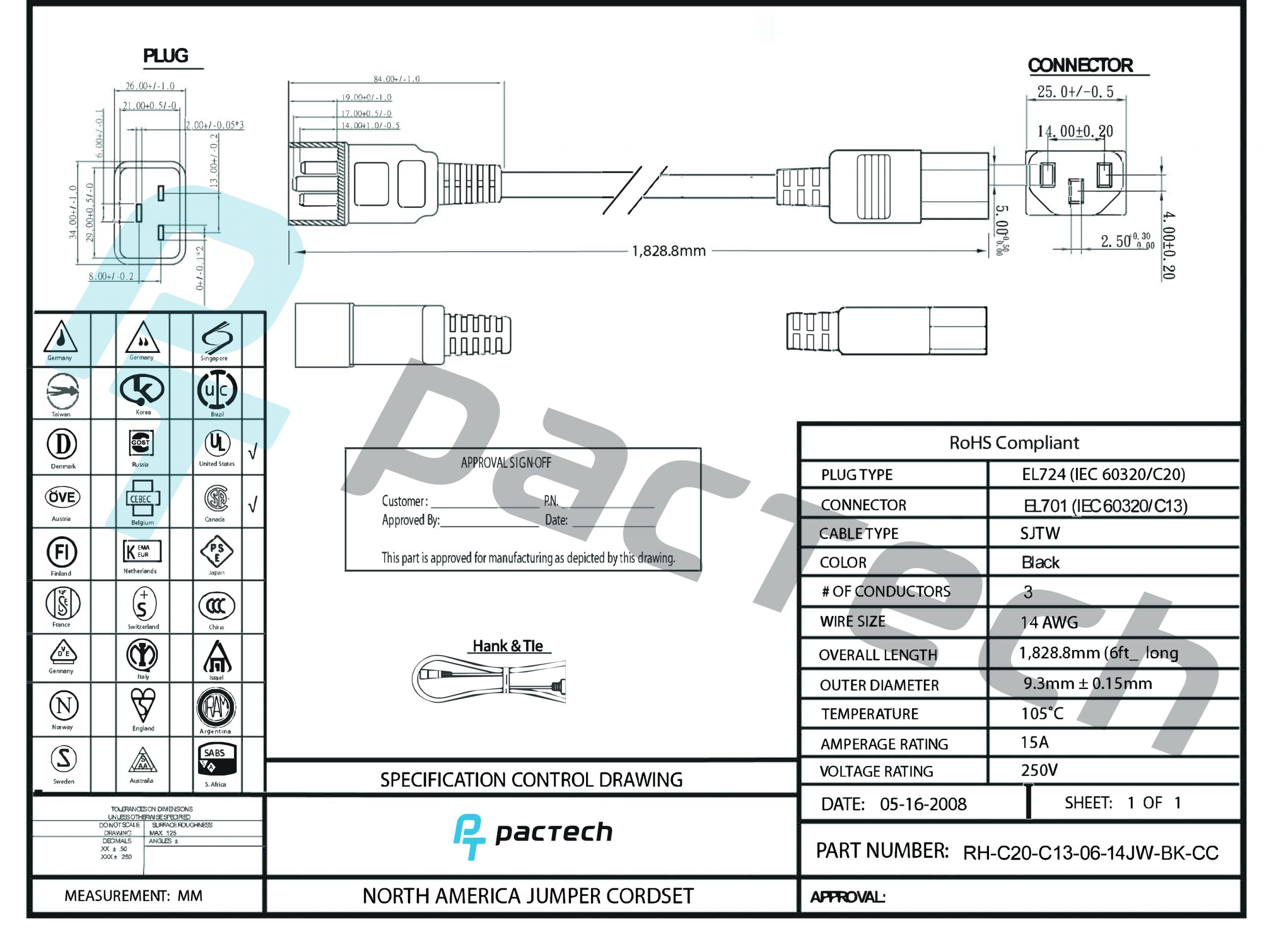 C20 to C13, 14AWG, SJTW, 15A, 250V
