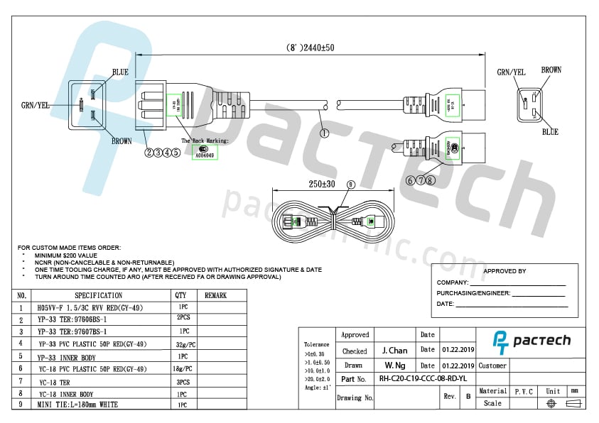 C19 TO C20 POWER CORD,CCC 8FT,RED