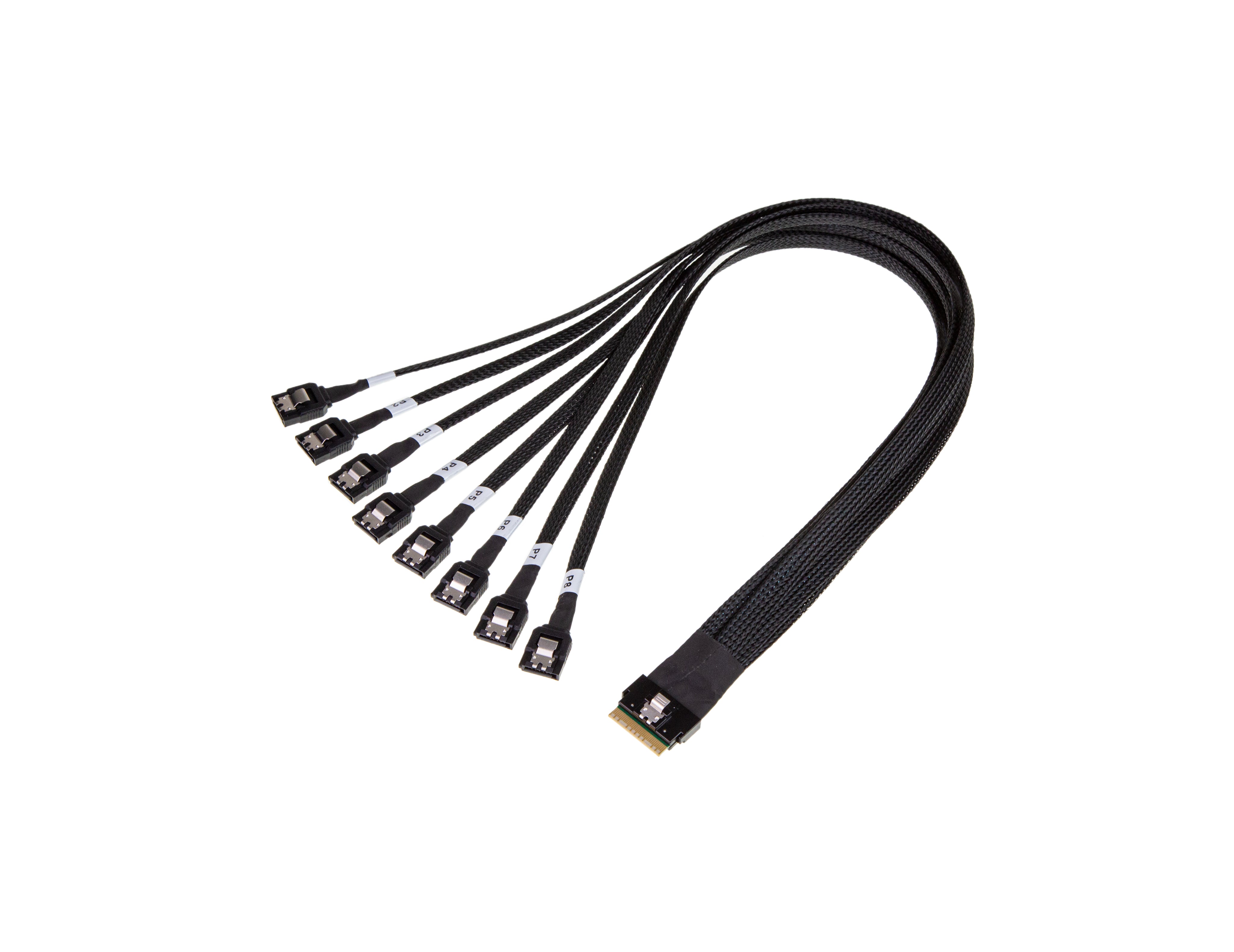 SlimSAS SFF-8654 8i Straight 74Pos to 8x SATA Straight 7Pos, with Active Latch Cable - simple